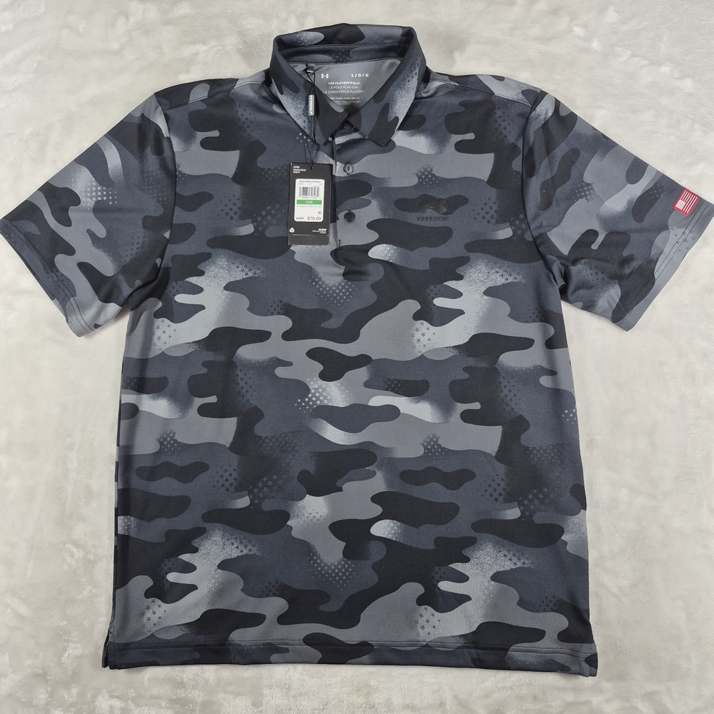 Under Armour The Playoff Polo Shirt Men's Large Black Gray Camo Performance NWT